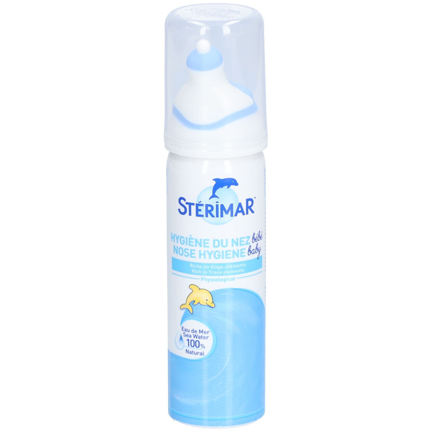 Flacon spray blanc et bleu avec embout. Inscription : STERIMAR Hygiène du Nez bébé. Logo dauphin et texte : Eau de Mer 100% Naturel.