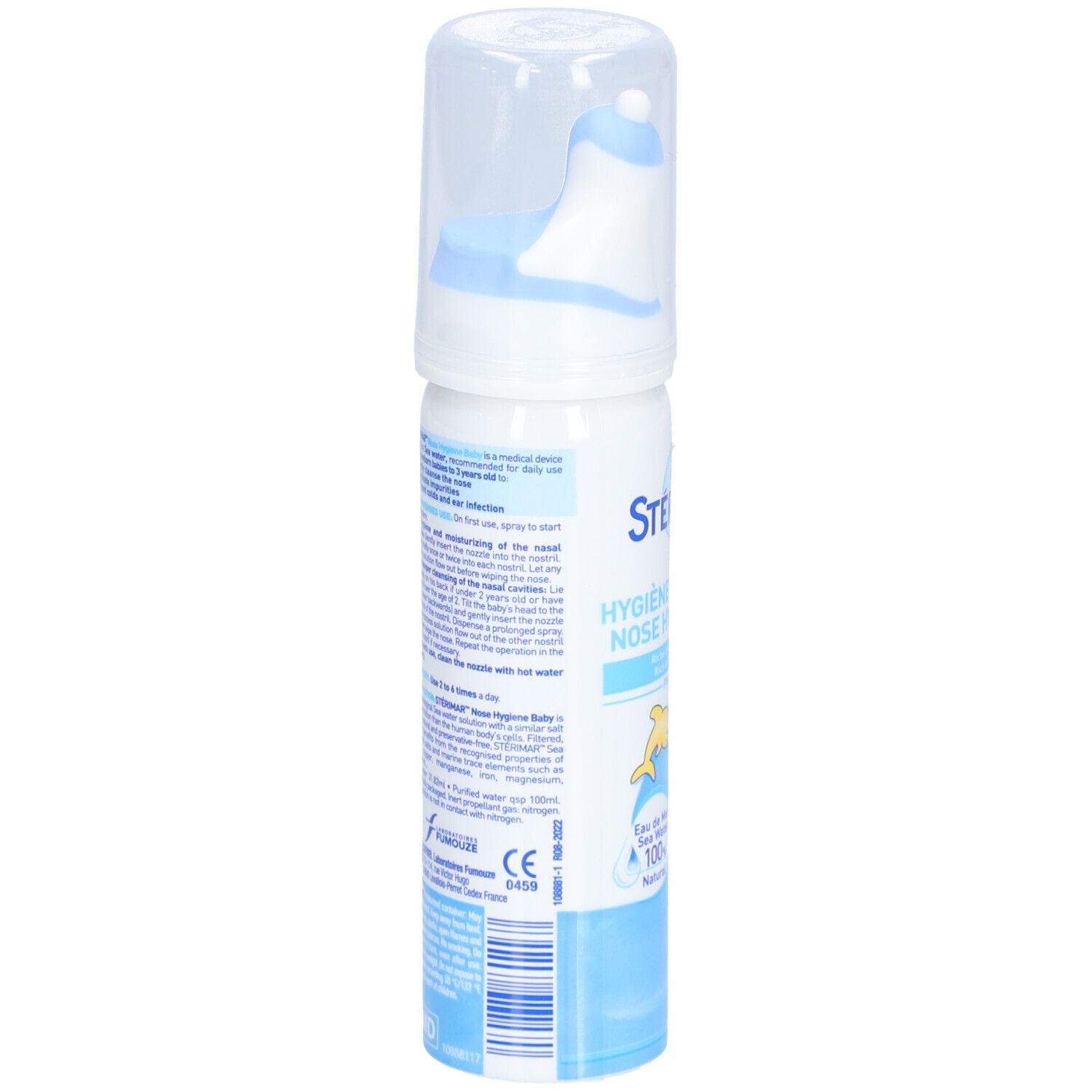 Flacon spray blanc et bleu, dos. Texte et logos. Embout avec capuchon de protection. Marquage CE.
