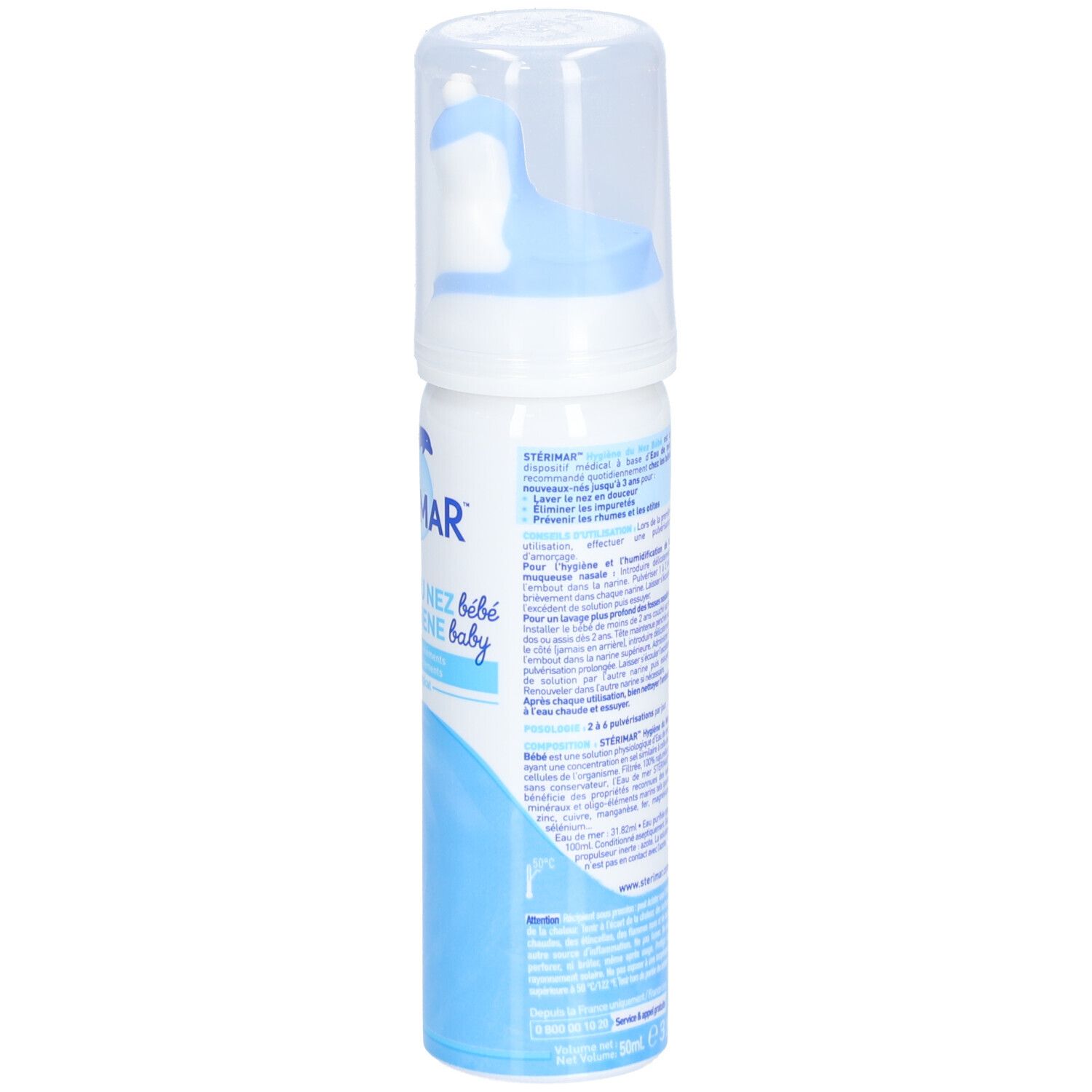 Flacon spray blanc et bleu, dos. Texte et logos. Embout avec capuchon de protection.