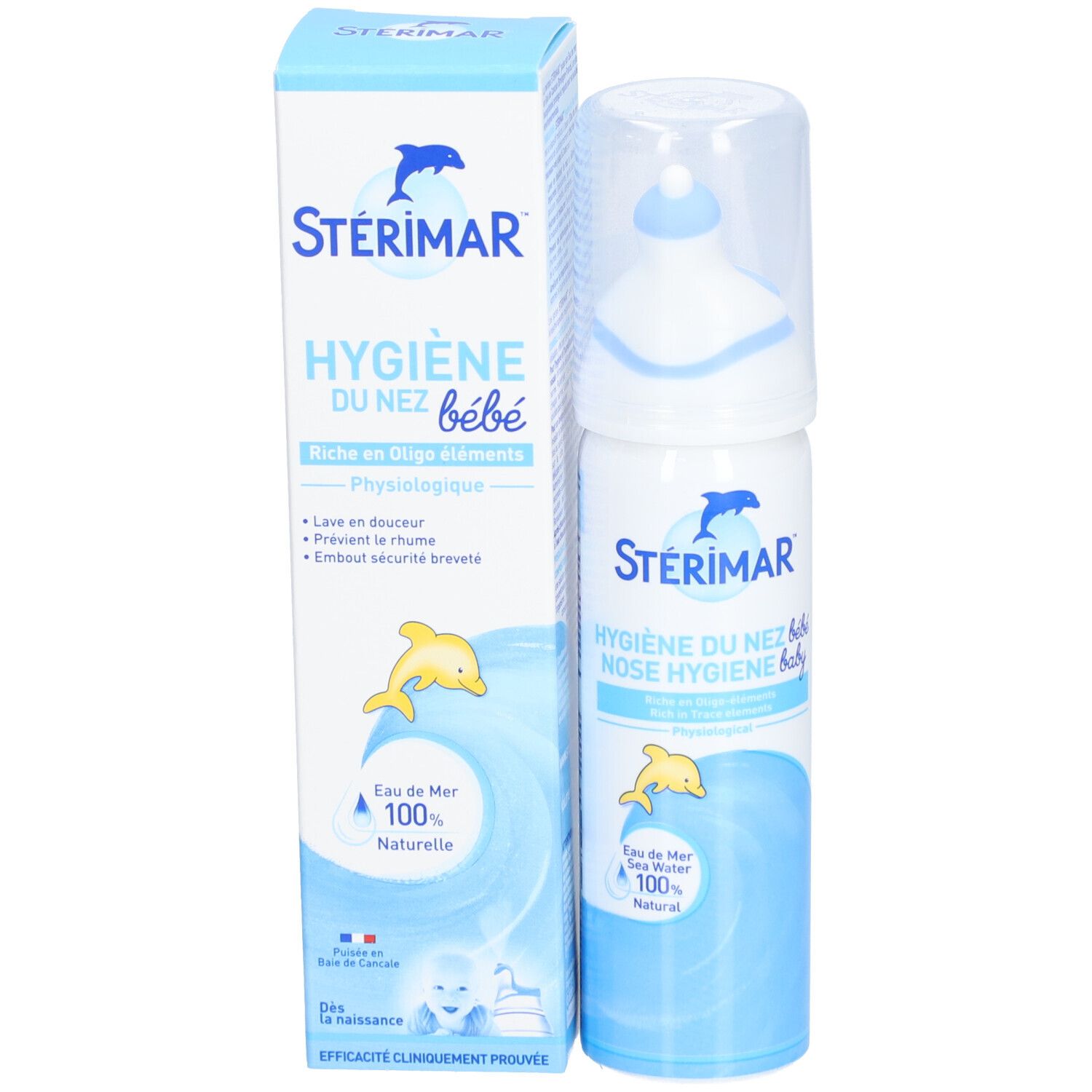 Produit et emballage. Flacon spray blanc et bleu et boîte. Inscription : STERIMAR Hygiène du Nez bébé. Logo dauphin.