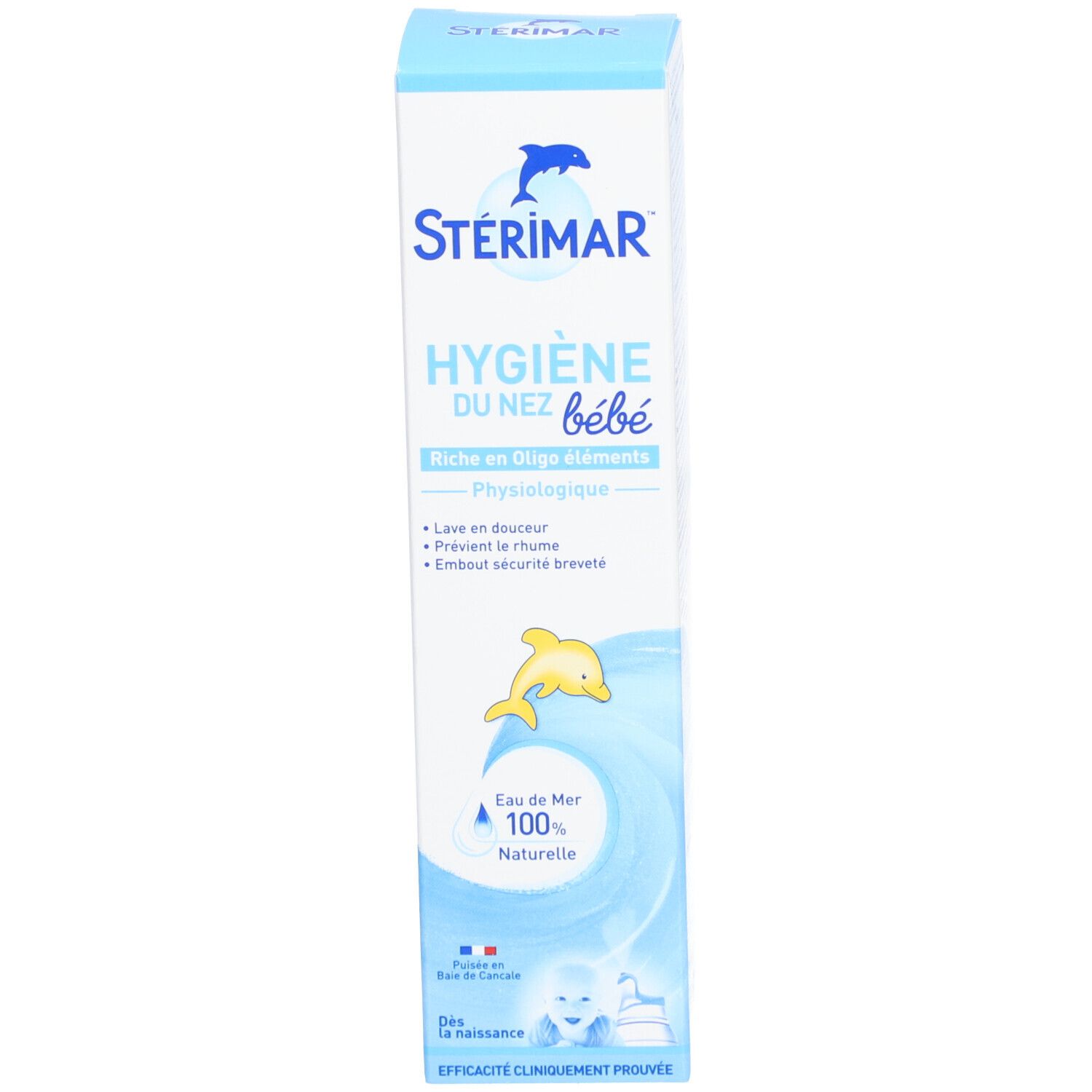Boîte bleue avec texte et logo : STERIMAR Hygiène du Nez bébé. Logo dauphin. Texte : Riche en Oligo éléments.