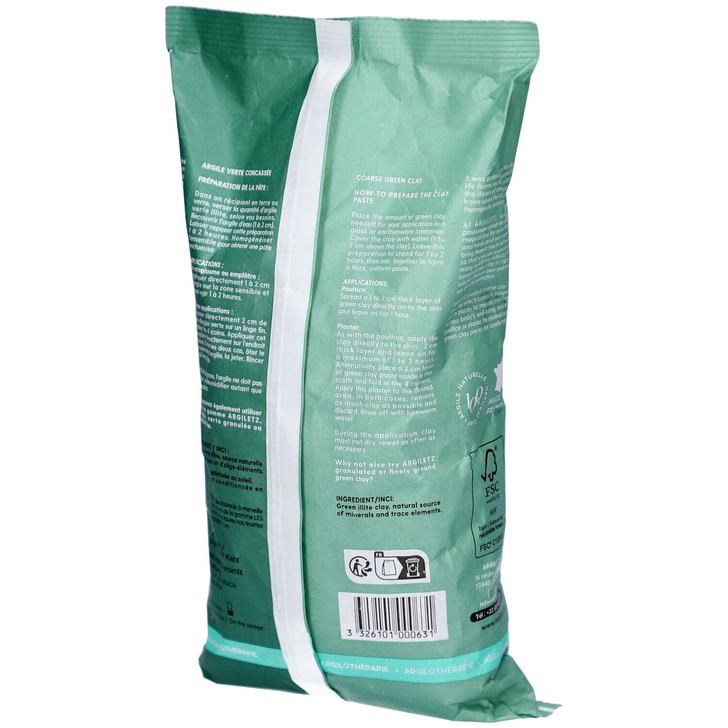 Dos de l'emballage vert. Texte et instructions. Logo FSC et autres certifications.