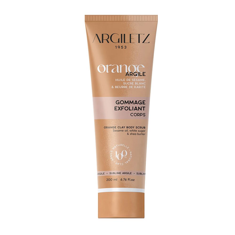 Tube beige avec nom et texte du produit. Titre gommage exfoliant corps orange. Formule 100% naturelle.