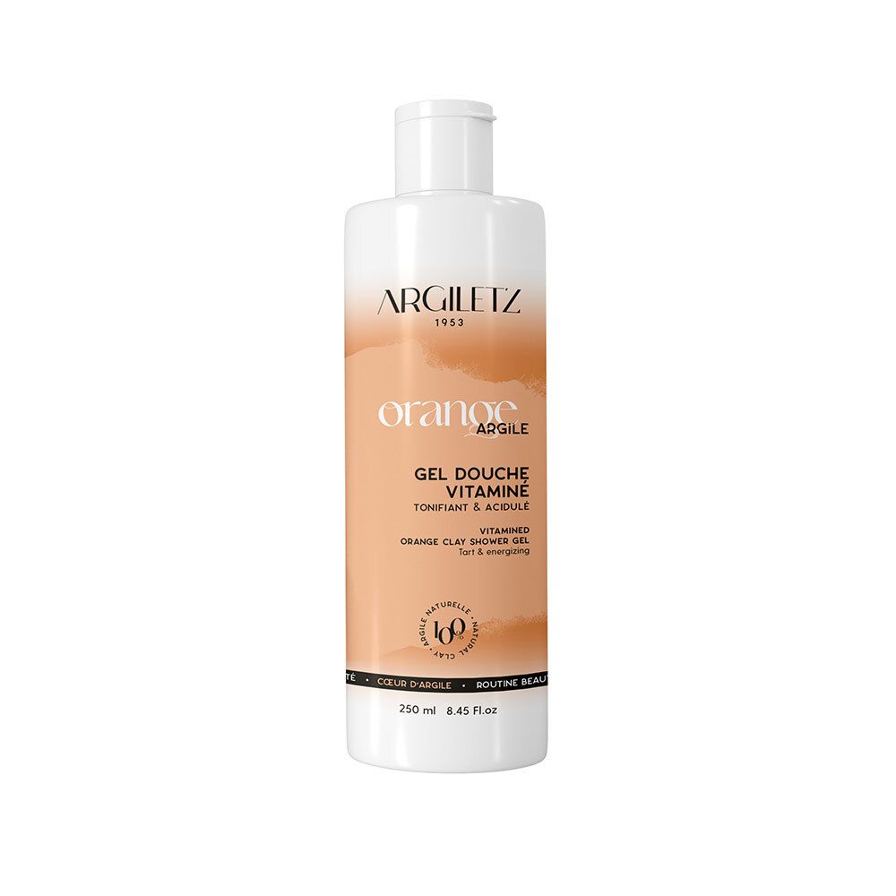 Flacon blanc et orange avec logo Argiletz et indication: Gel Douche Vitamine Orange Argile. Contenance 250 ml.