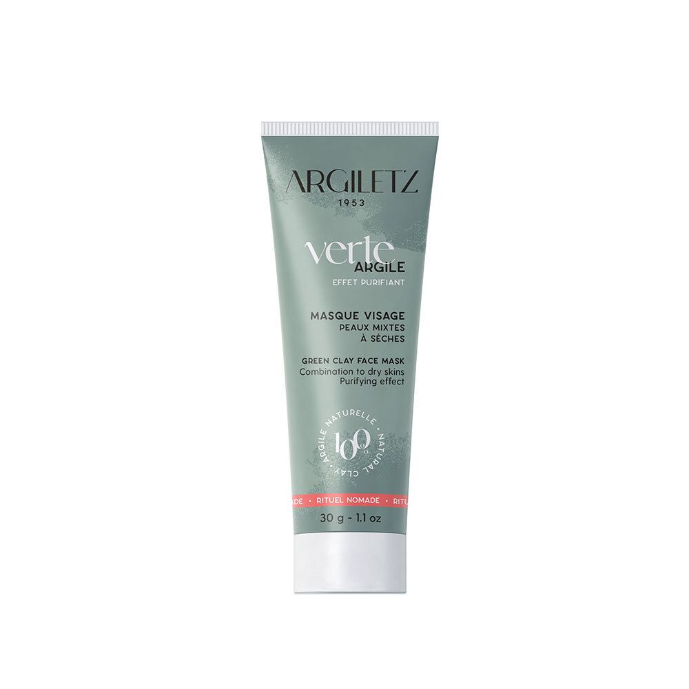 Tube vert avec texte. ARGILETZ, VERTE ARGILE, MASQUE VISAGE, Peaux mixtes à sèches. 30 g.