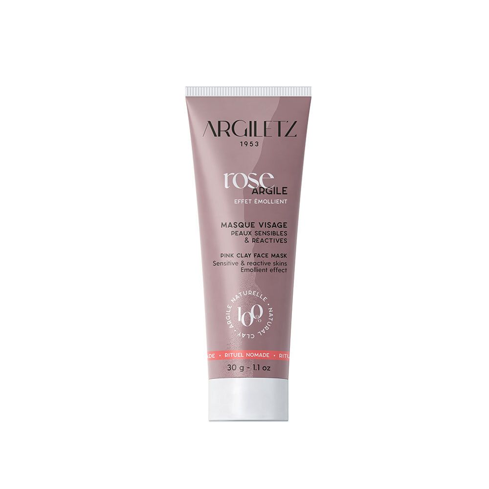 Tube rose avec nom du produit et texte. Inscription: ARGILETZ, Rose, Masque Visage, Peaux Sensibles & Reactives.