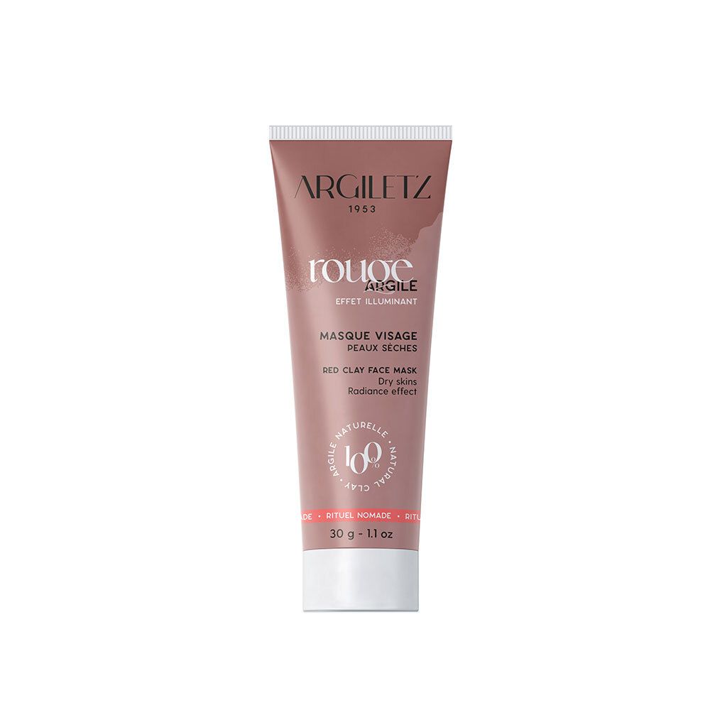 Tube rouge avec texte: Rouge Argile, Masque Visage, Peaux Seches, Red Clay Face Mask. Marque Argiletz.