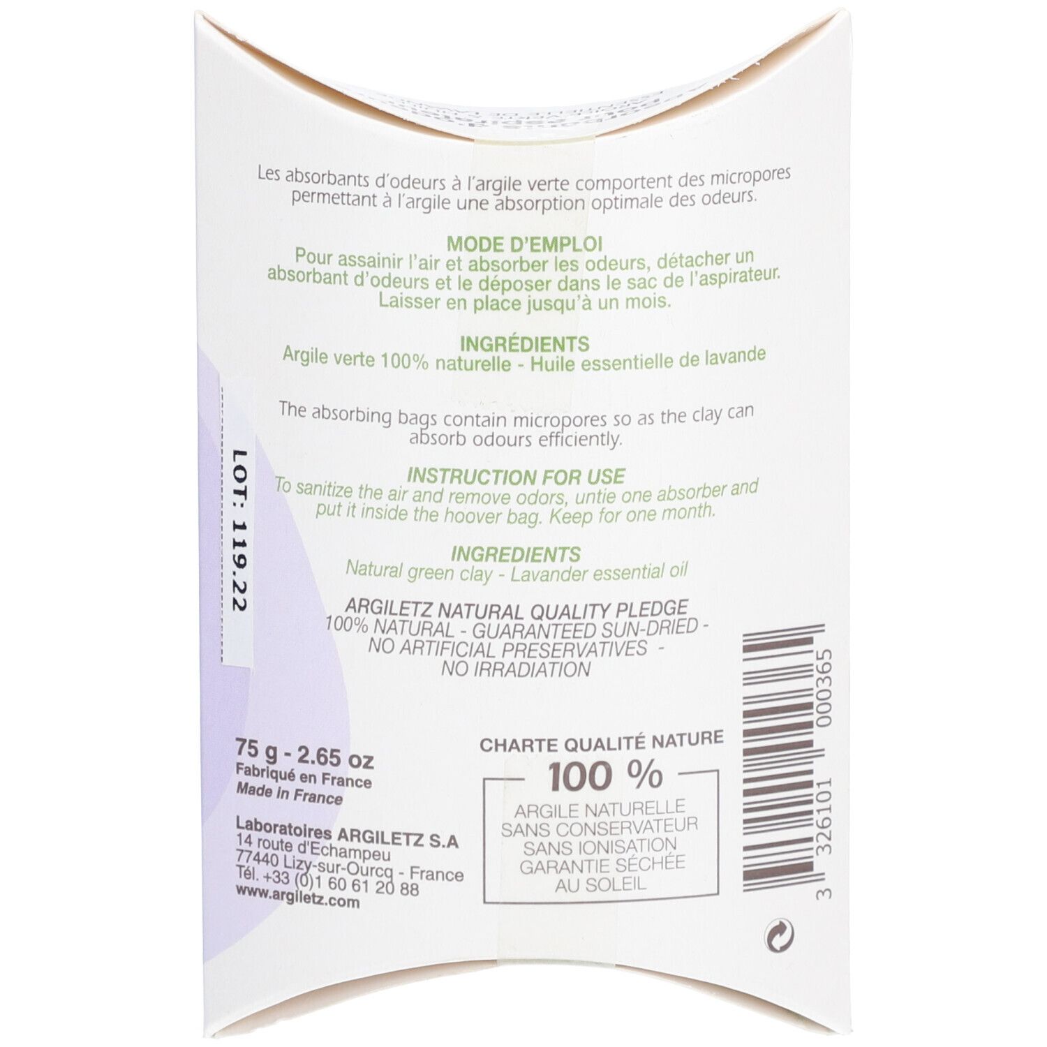 ARGILETZ Absorbant d’odeur pour aspirateurs parfum lavande
