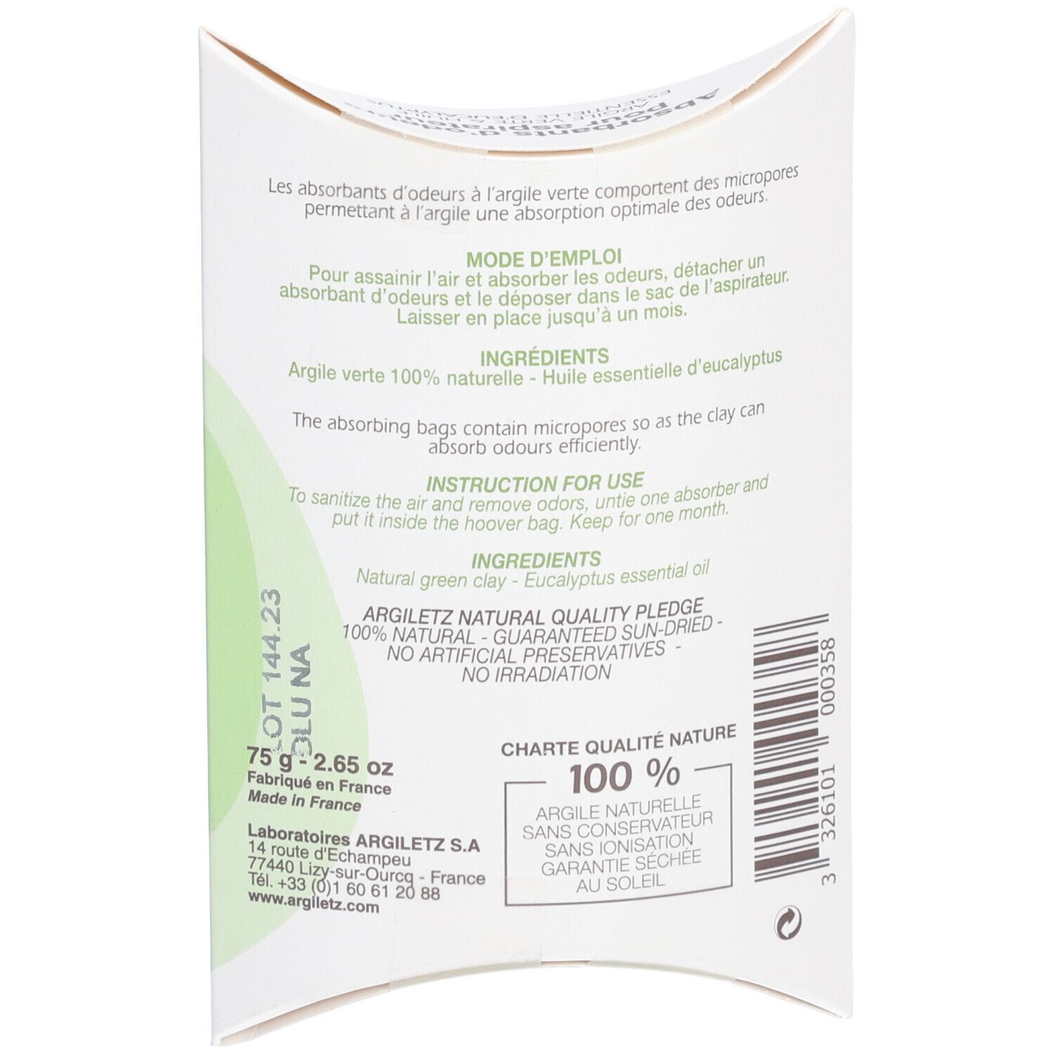 ARGILETZ Absorbant d’odeur pour aspirateurs parfum eucalyptus