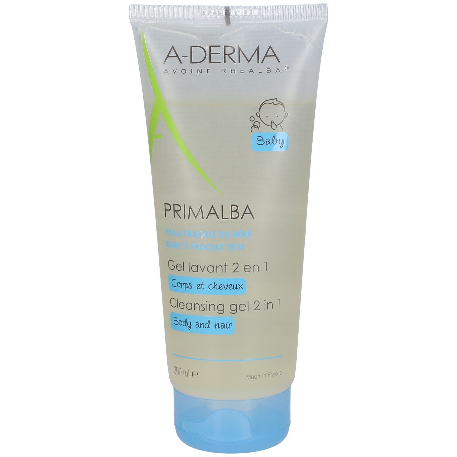 Gel lavant 2 en 1 A-Derma Primalba pour bébé. Tube blanc avec bouchon bleu. Logo et nom visibles.