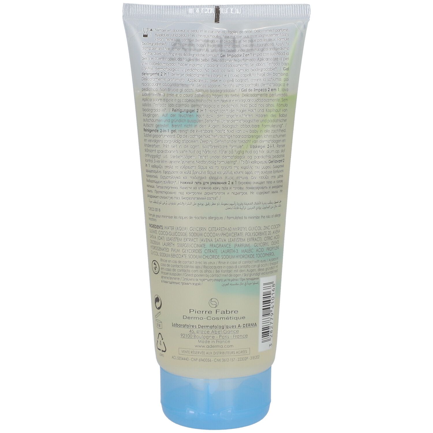 Dos du tube de gel lavant 2 en 1 A-Derma Primalba. Texte et logos sur fond blanc.