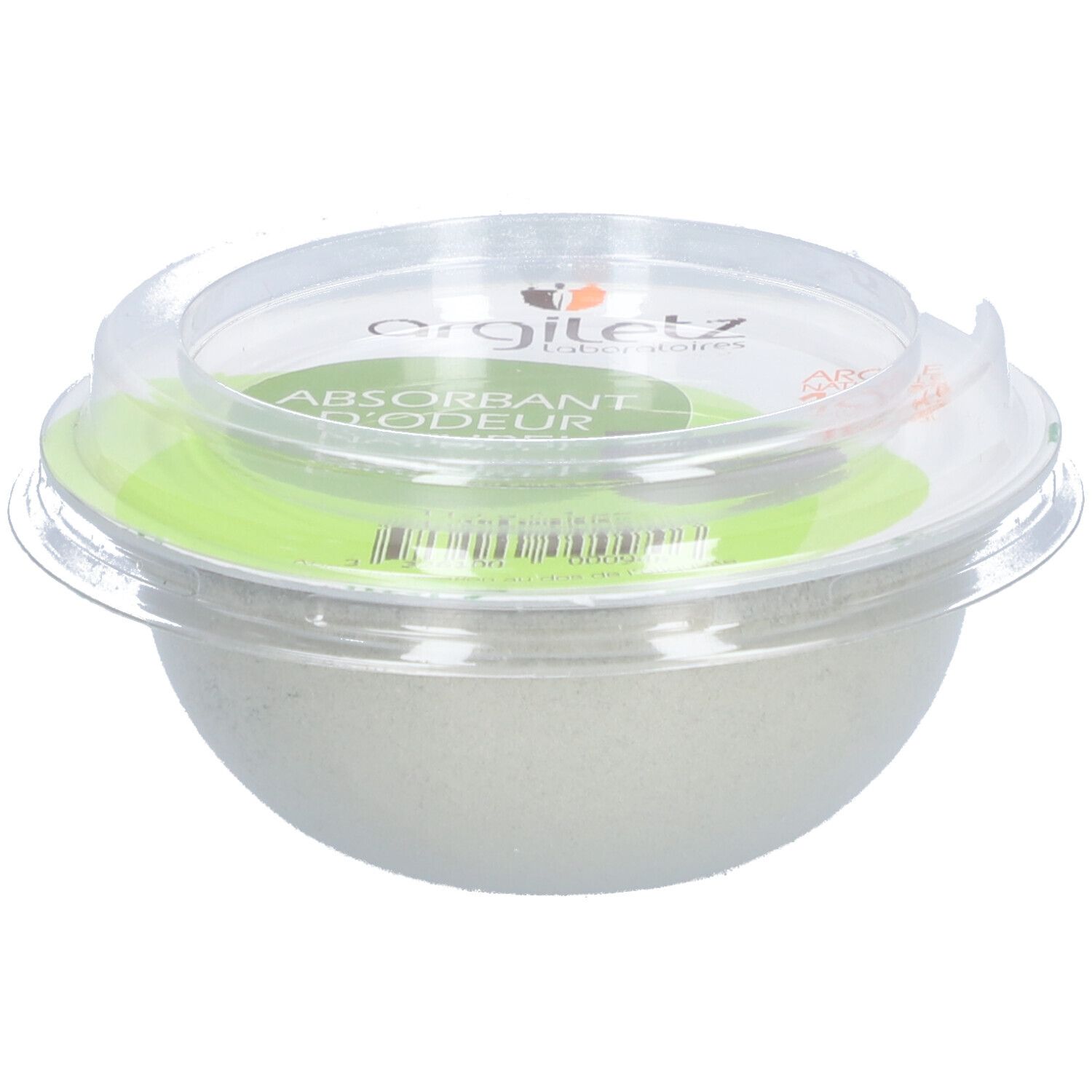 Emballage rond transparent avec contenu vert et couvercle. Logo Argiletz visible. Produit pour l'absorption des odeurs.
