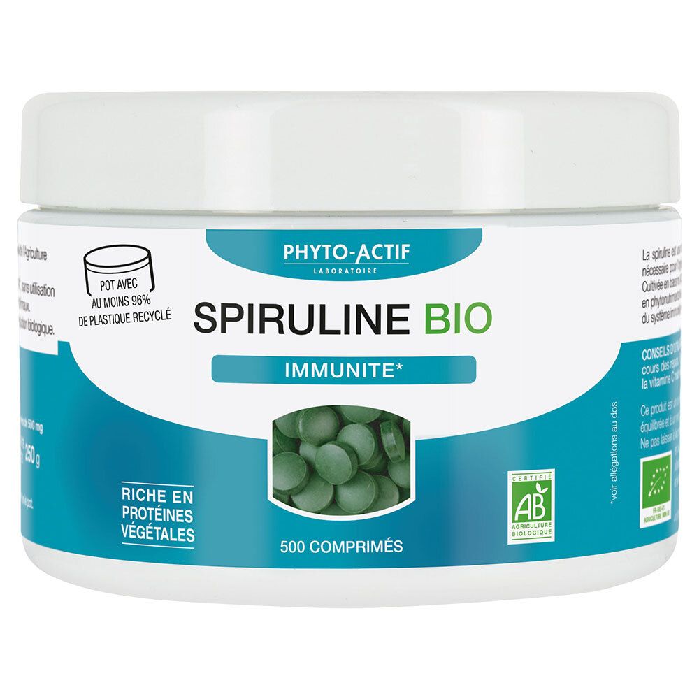 Pot blanc rond, étiquette bleue. Inscription Spiruline Bio, 500 comprimés. Label AB.