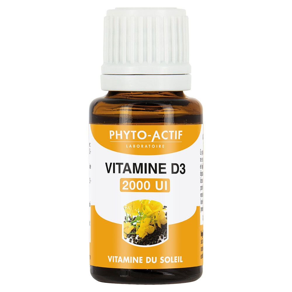 Flacon en verre brun avec bouchon blanc. Étiquette avec nom du produit et fond jaune. Inscription : Vitamine D3.