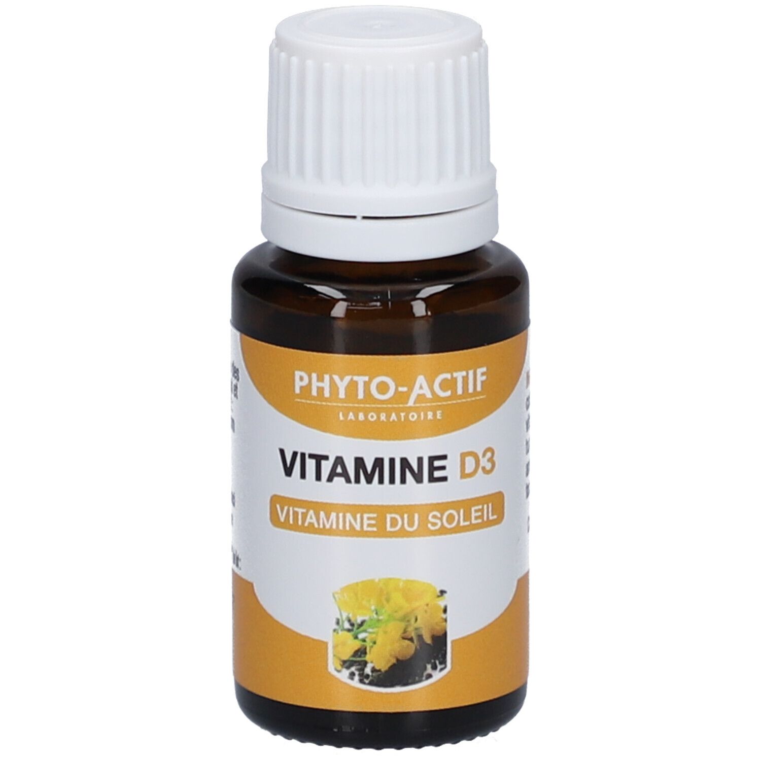 Flacon en verre brun avec bouchon blanc. Étiquette avec nom du produit et accent jaune. Inscription : Vitamine D3.