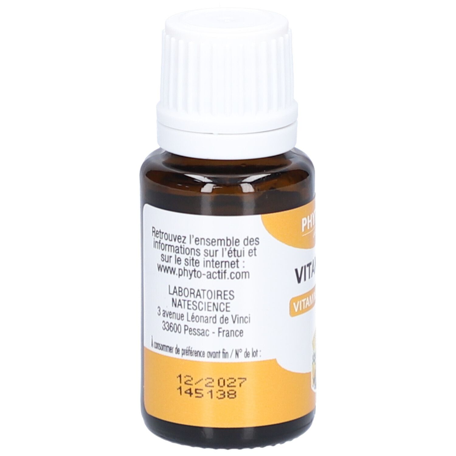 Vue arrière du flacon en verre brun avec bouchon blanc. Étiquette avec texte et date de péremption : 12/2027.