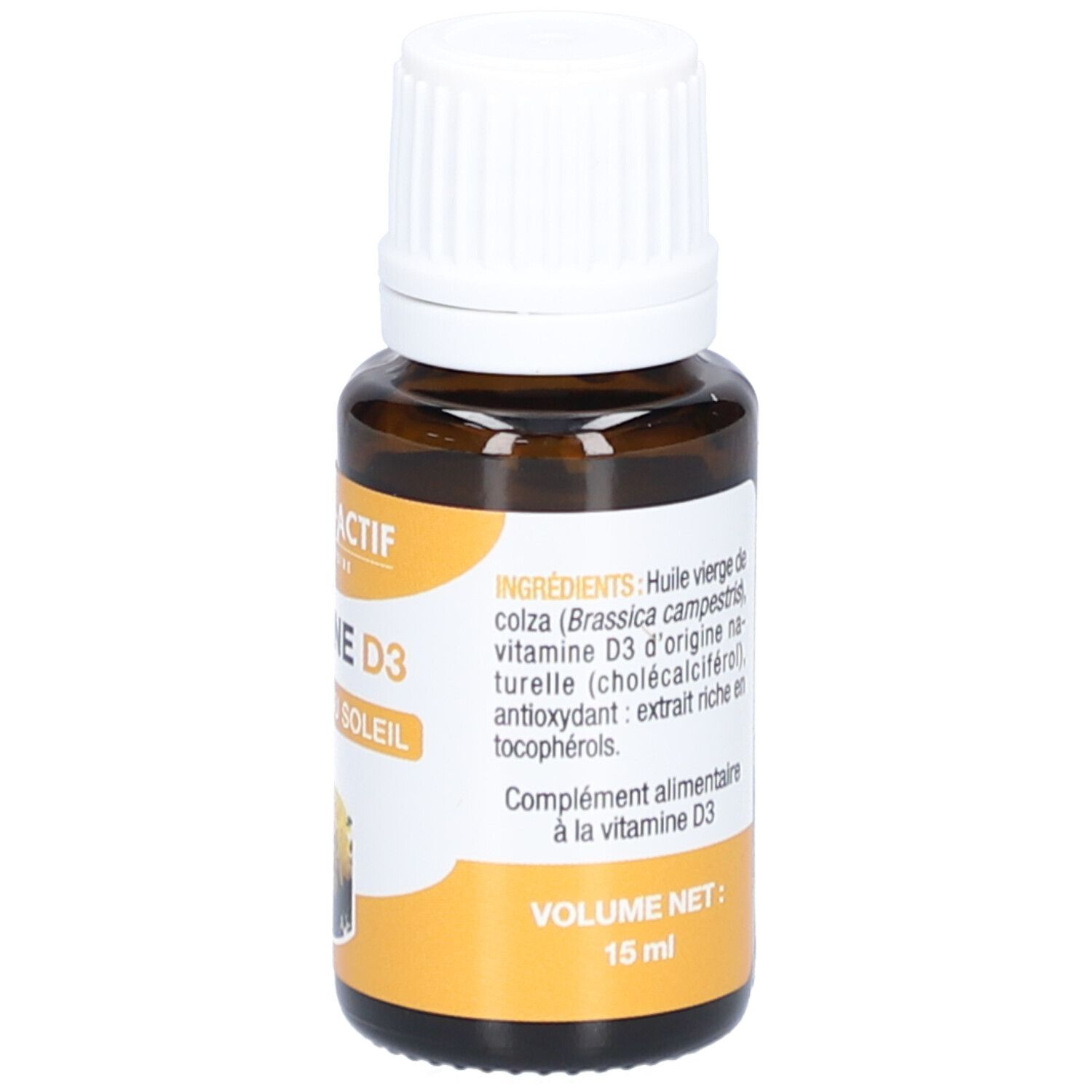Flacon en verre brun avec bouchon blanc. Étiquette avec ingrédients et volume : 15 ml. Nom du produit : Vitamine D3.
