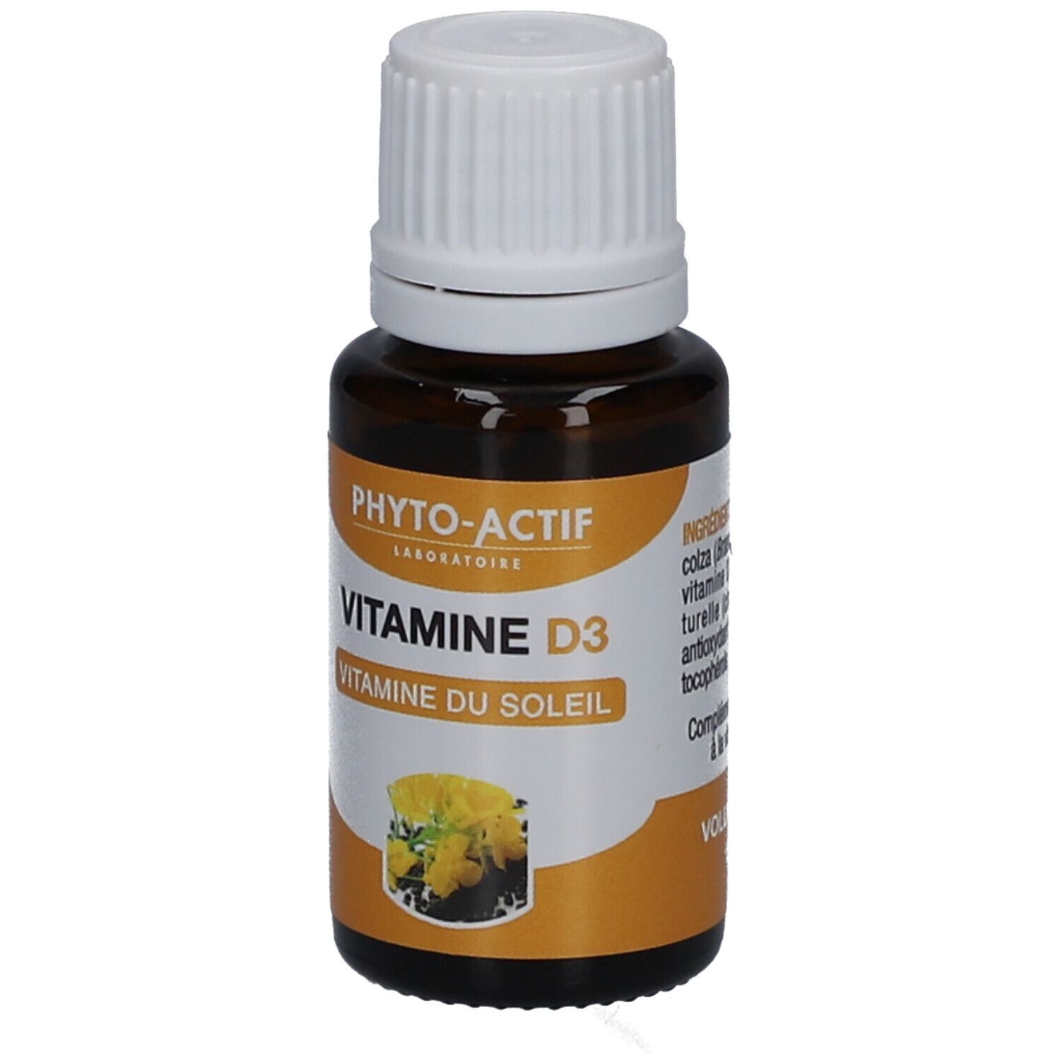 Flacon en verre brun avec bouchon blanc. Étiquette avec nom du produit et fond jaune. Inscription : Vitamine D3.