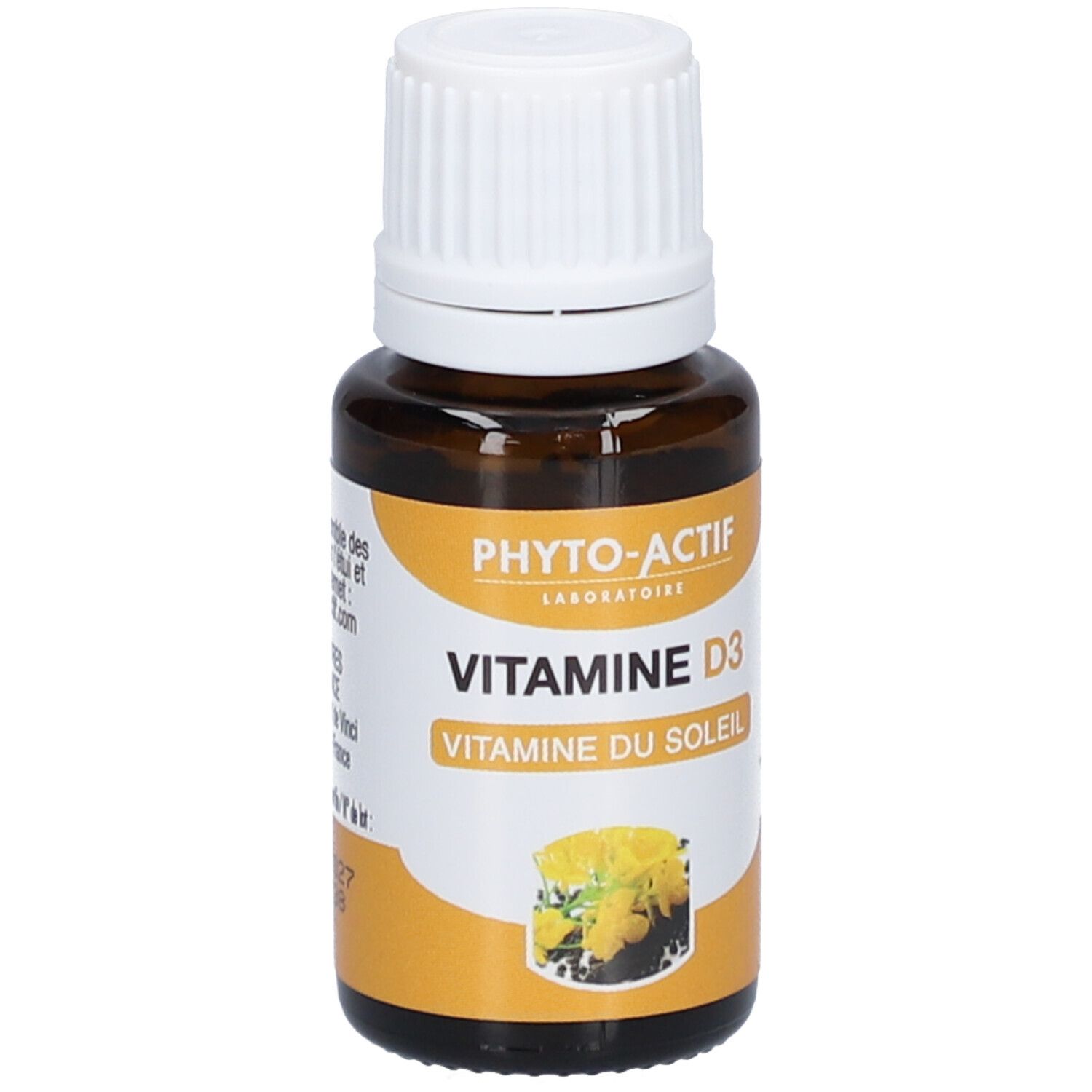 Flacon en verre brun avec bouchon blanc. Étiquette avec nom du produit et fond jaune. Inscription : Vitamine D3.