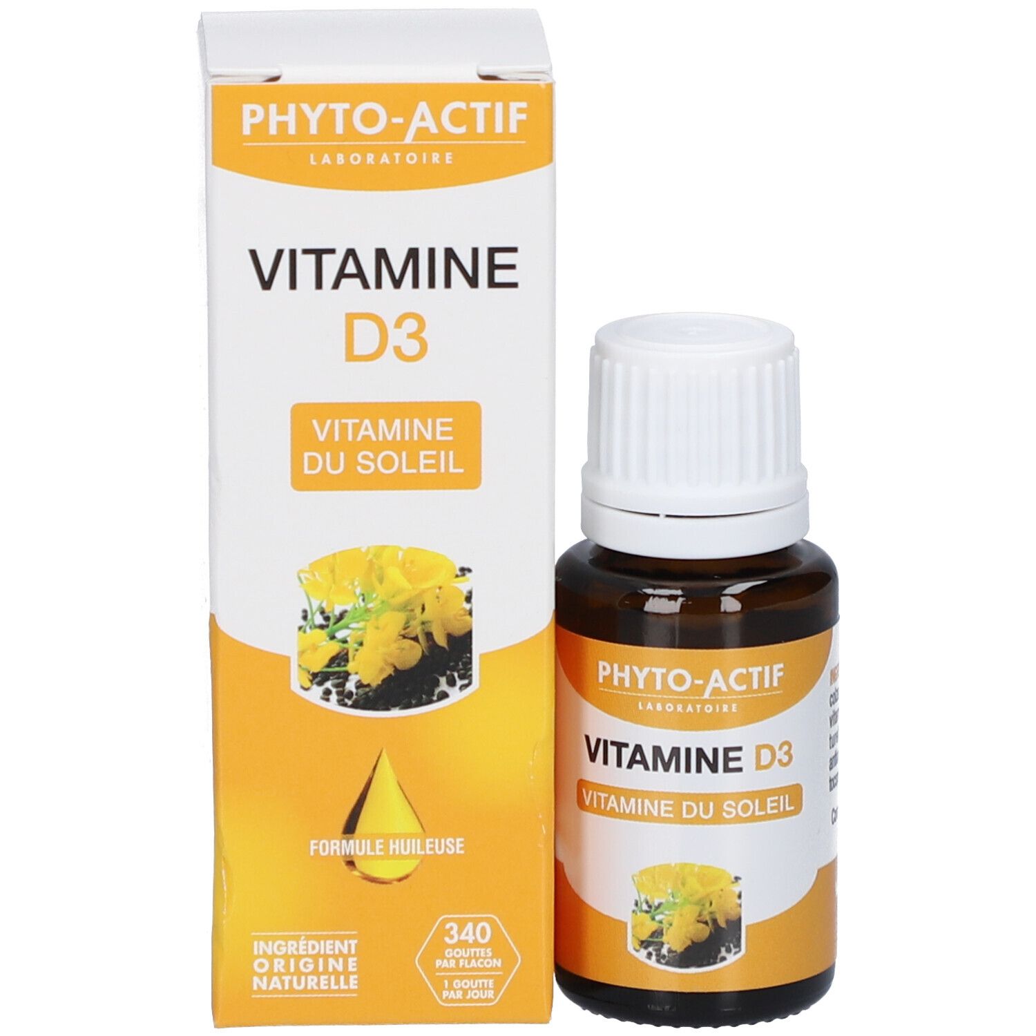 Flacon et emballage du produit. Flacon brun avec bouchon blanc à côté d'une boîte blanche. Nom du produit : Vitamine D3.