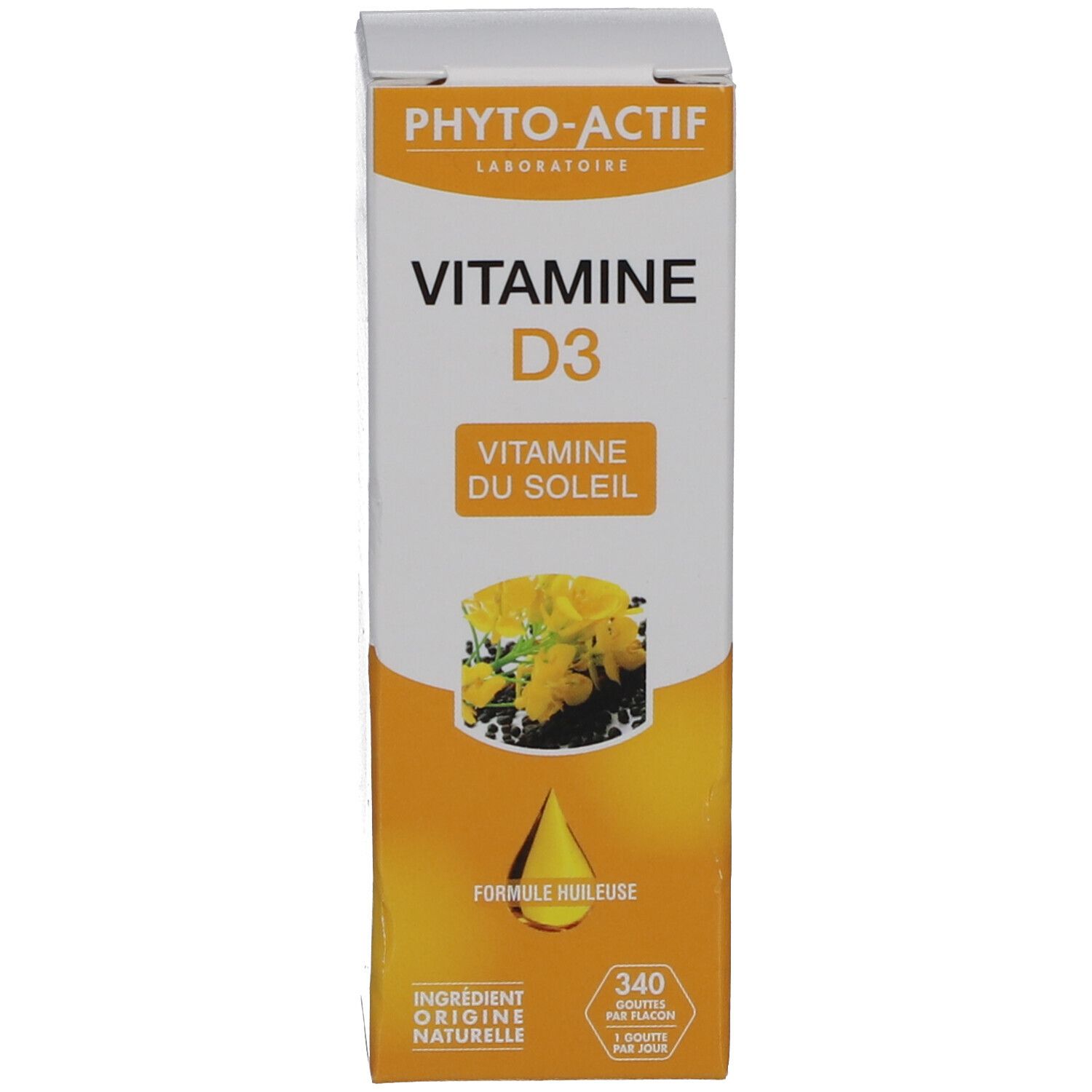 Emballage blanc du produit. Inscription : PHYTO-ACTIF Vitamine D3. Illustration d'une fleur jaune. Formule huileuse.