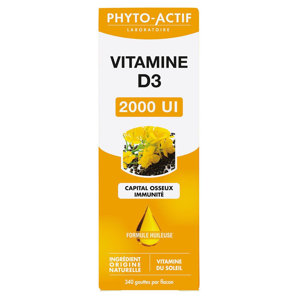 Emballage vertical avec nom du produit et fond jaune. Inscription : Vitamine D3. Illustration : fleurs jaunes et graines noires.