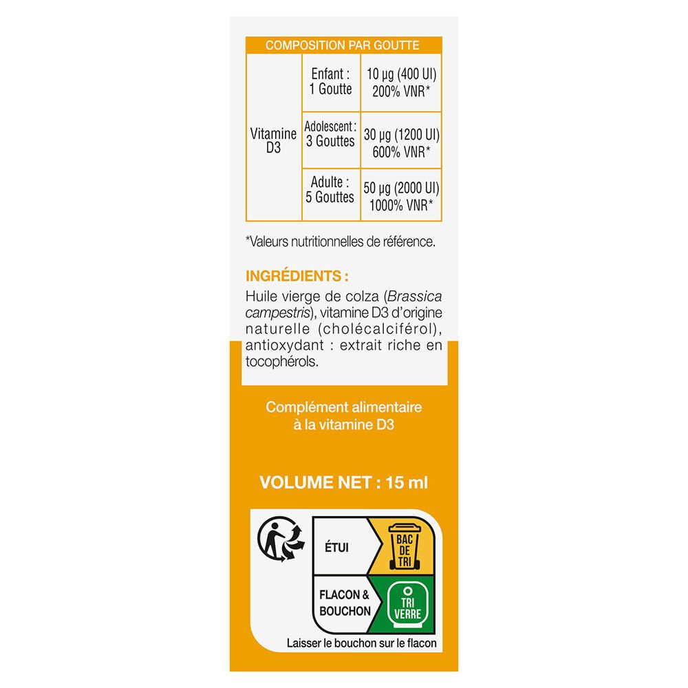 Étiquette avec informations sur le dosage et les ingrédients. Inscription : Vitamine D3. Volume : 15 ml. Illustrations de flacon et bouchon.