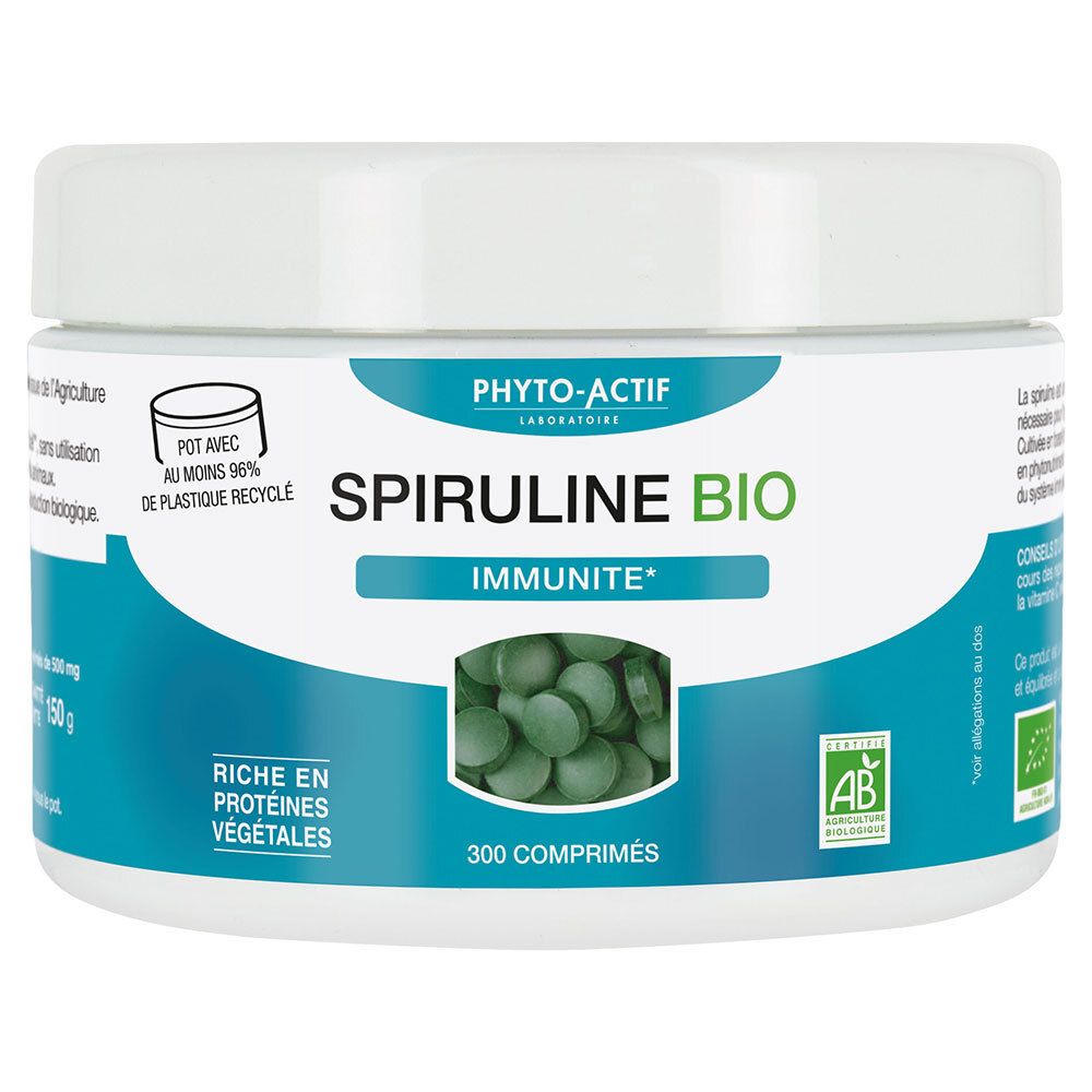 Pot blanc avec bande bleue. Inscription: PHYTO-ACTIF Spiruline Bio, 300 comprimés. Label AB.