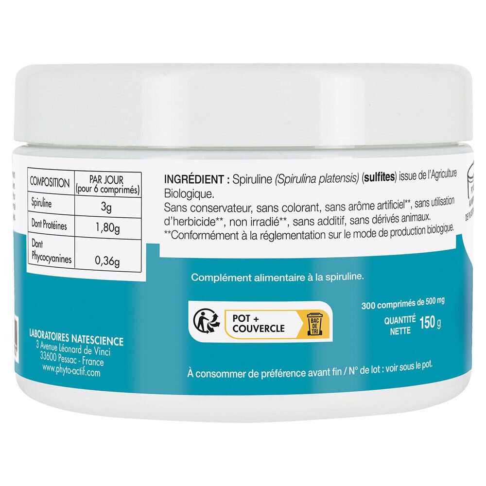 Dos du pot blanc. Texte: Composition, ingrédients, 300 comprimés, 150g. Logo: Pot + couvercle.