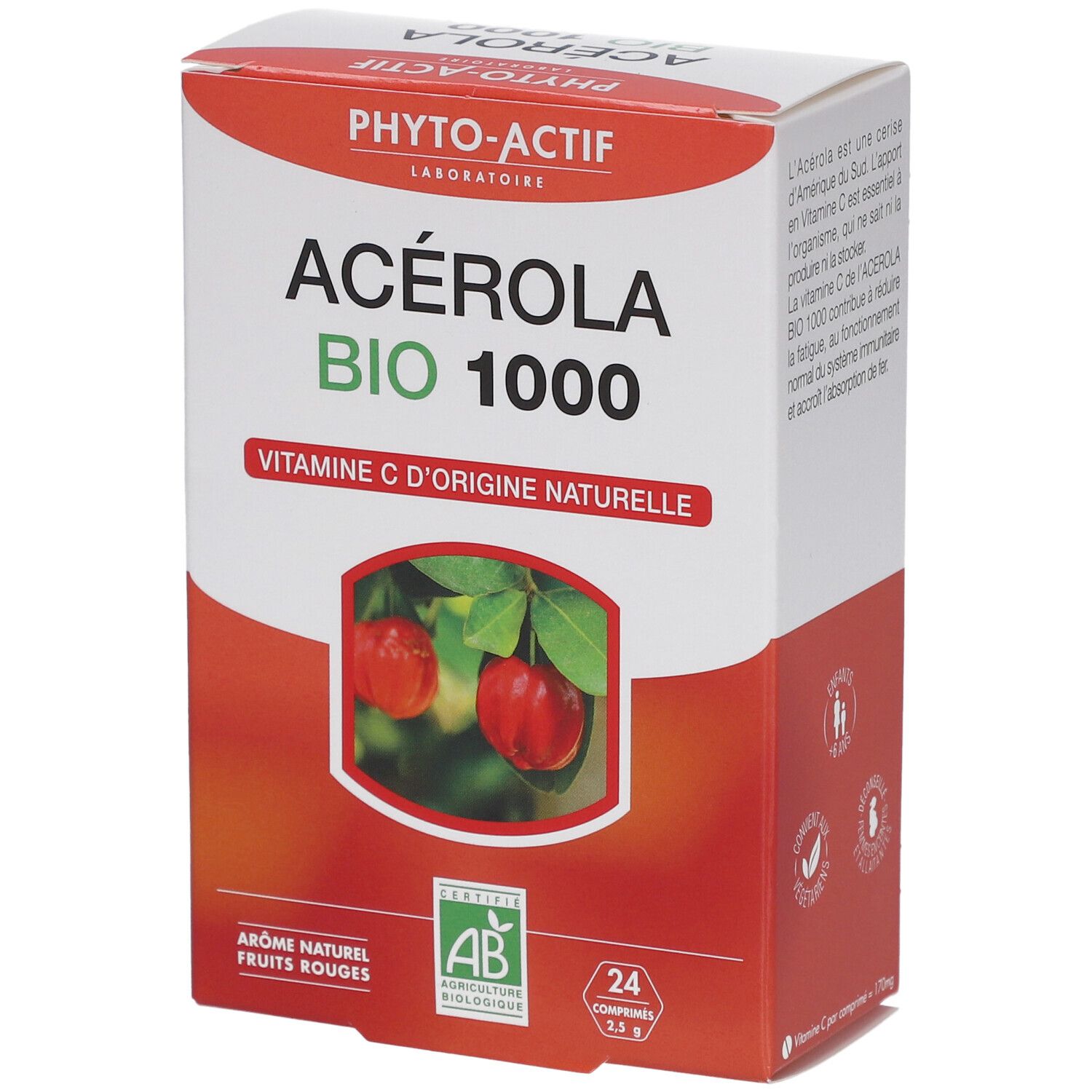 Boîte de PHYTO-ACTIF Acérola Bio 1000 mg. Boîte rouge et blanche avec nom du produit et label bio. Contient 24 comprimés.