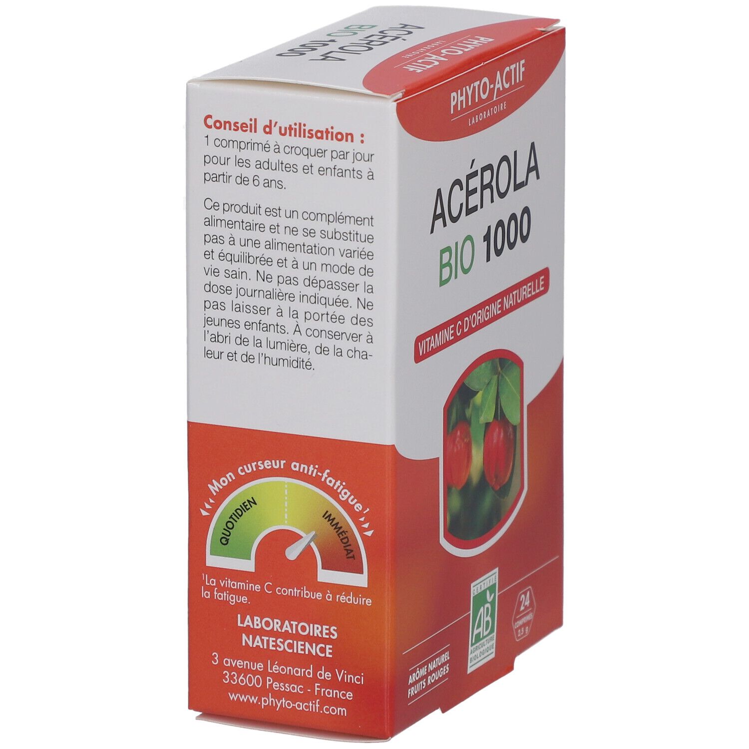 Boîte de PHYTO-ACTIF Acérola Bio 1000 mg. Côté avec informations produit et label bio. Contient 24 comprimés.