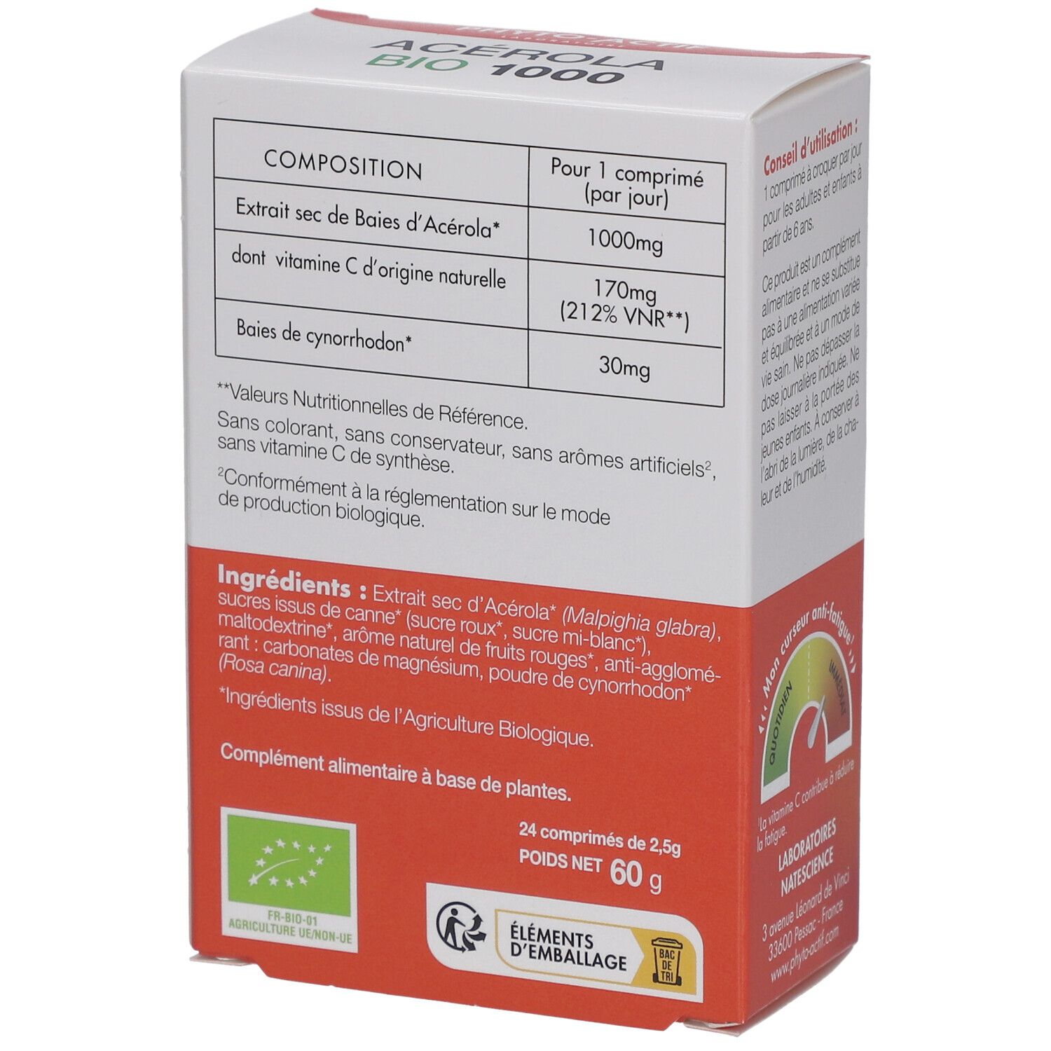 Dos de la boîte de PHYTO-ACTIF Acérola Bio 1000 mg. Contient ingrédients, informations nutritionnelles et label bio. 24 comprimés.