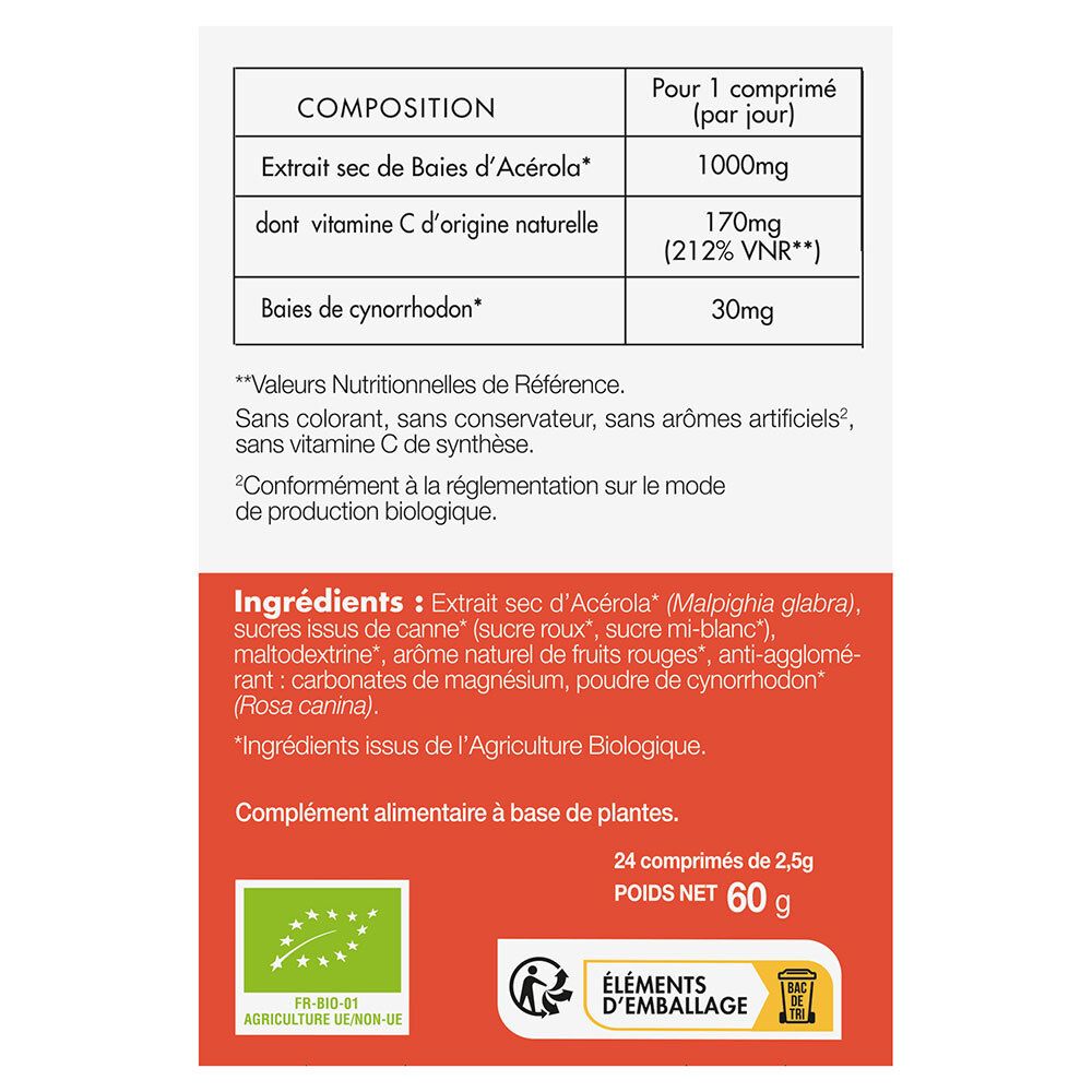 Dos de la boîte. Liste des ingrédients, informations nutritionnelles et label bio. 24 comprimés, 60 g.