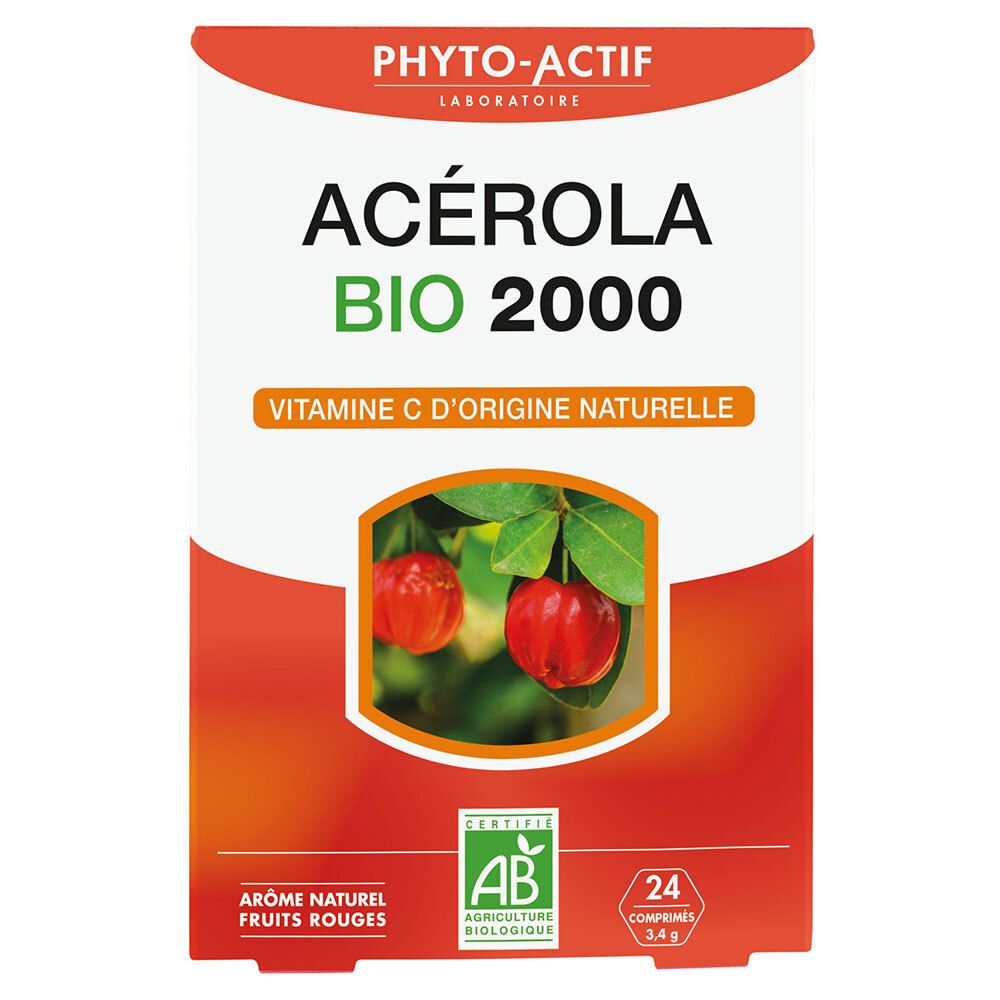 Boîte de PHYTO-ACTIF Acérola Bio 2000. Boîte rouge et blanche avec nom du produit et label bio. Contient 24 comprimés.