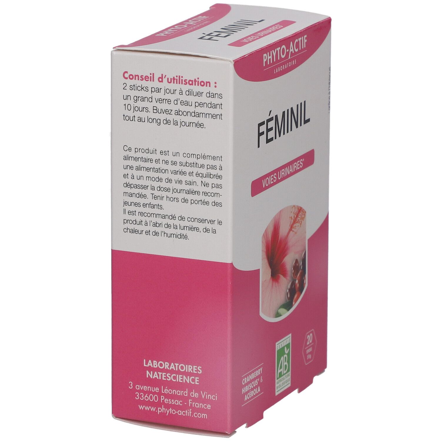 Boîte Féminil, vue latérale. Texte: conseils d'utilisation, ingrédients, adresse du fabricant. Label AB et 20 sticks.