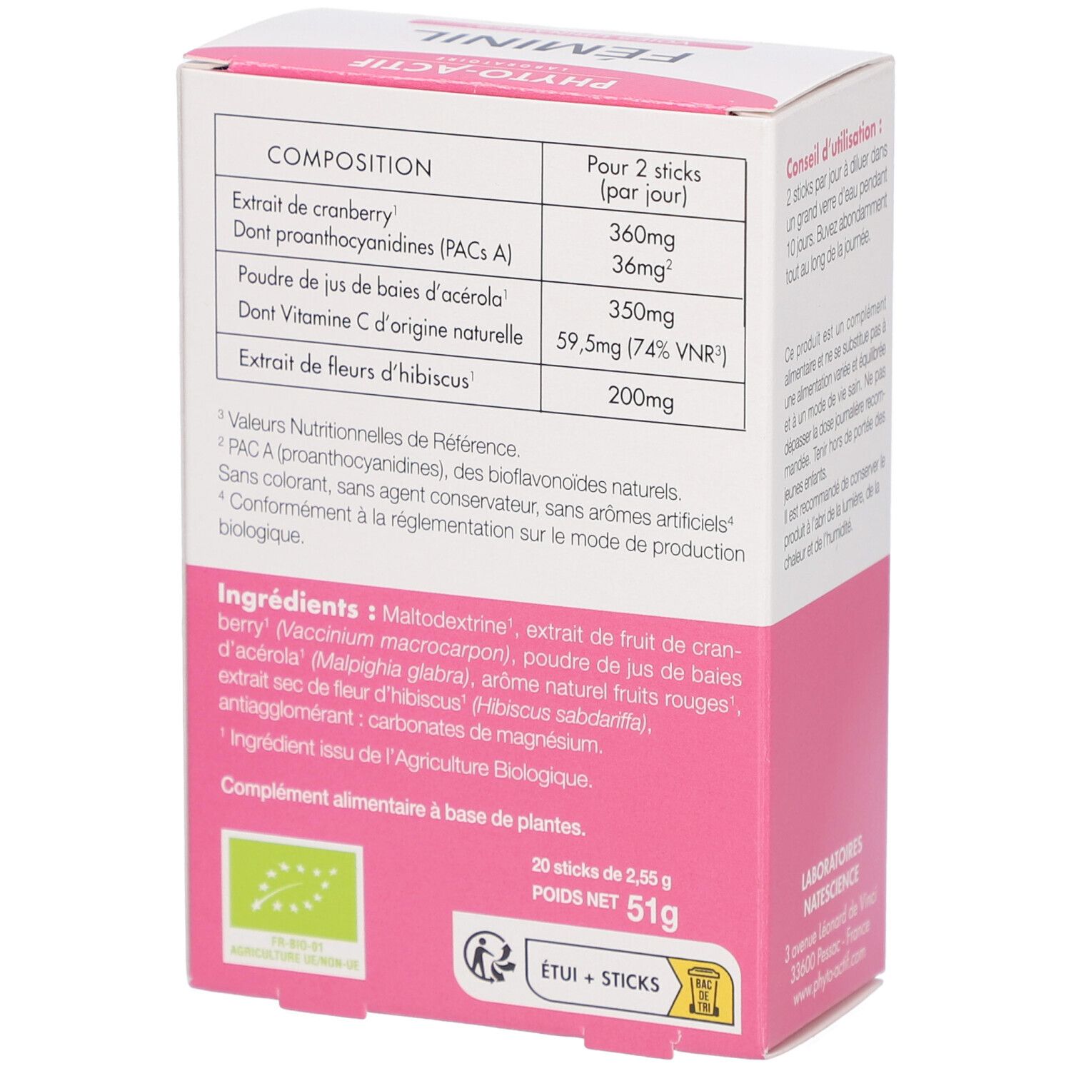 Boîte rose avec texte. Liste des ingrédients et informations nutritionnelles. Label bio. 20 sticks, 51g.