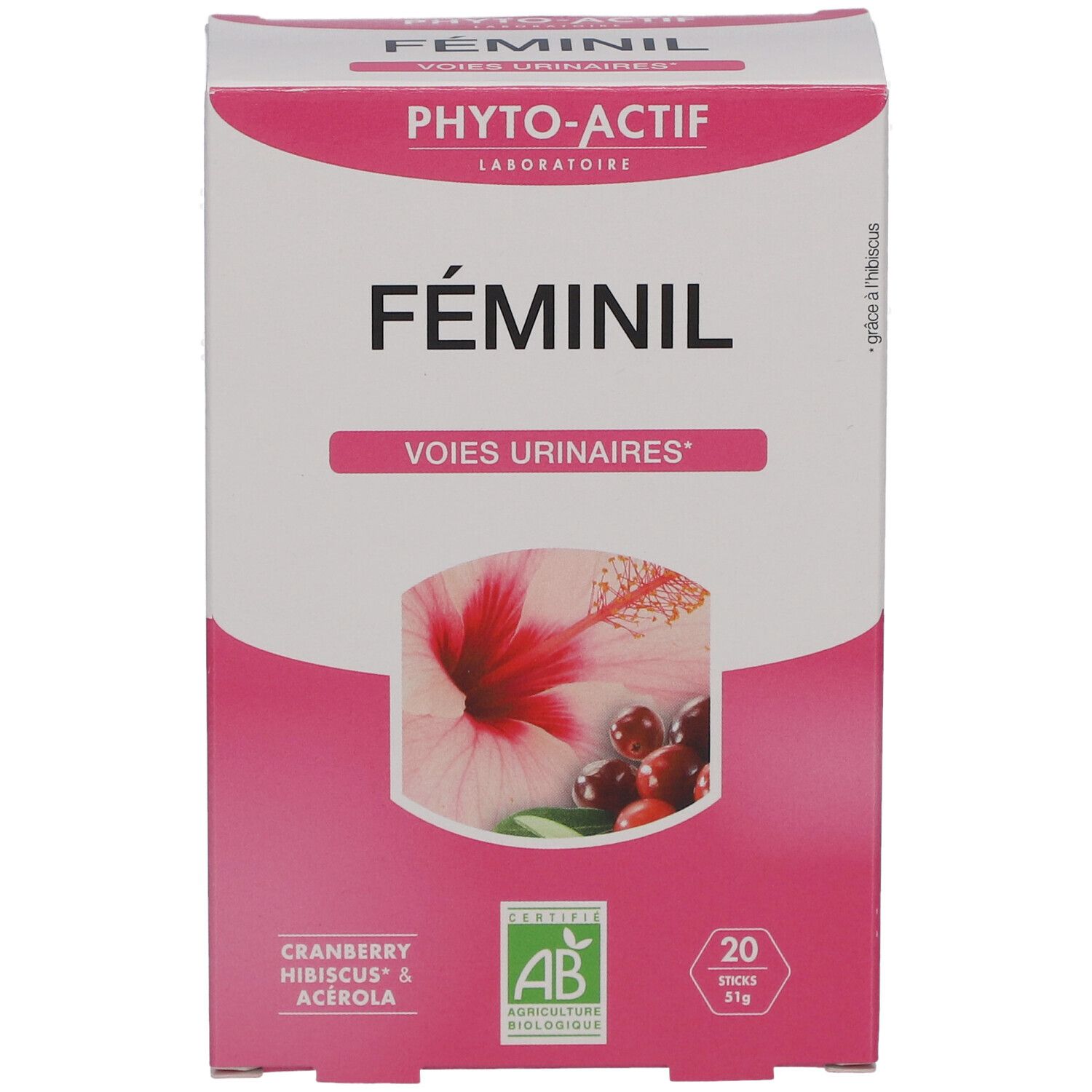 Boîte Féminil, rose et blanche, avec image d'hibiscus et de cranberry. Contient 20 sticks. Label AB Agriculture Biologique.