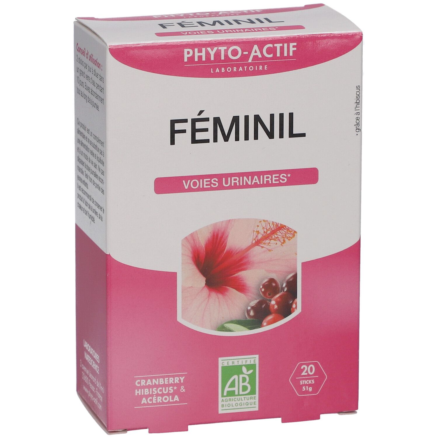 Boîte avec nom du produit et design floral. Label bio. 20 sticks. Cranberry, hibiscus et acérola.
