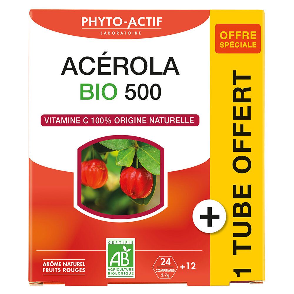 Boîte de PHYTO-ACTIF Acérola Bio 500. Emballage rouge et jaune avec nom du produit et image de cerises acérola. Contient 24+12 comprimés.