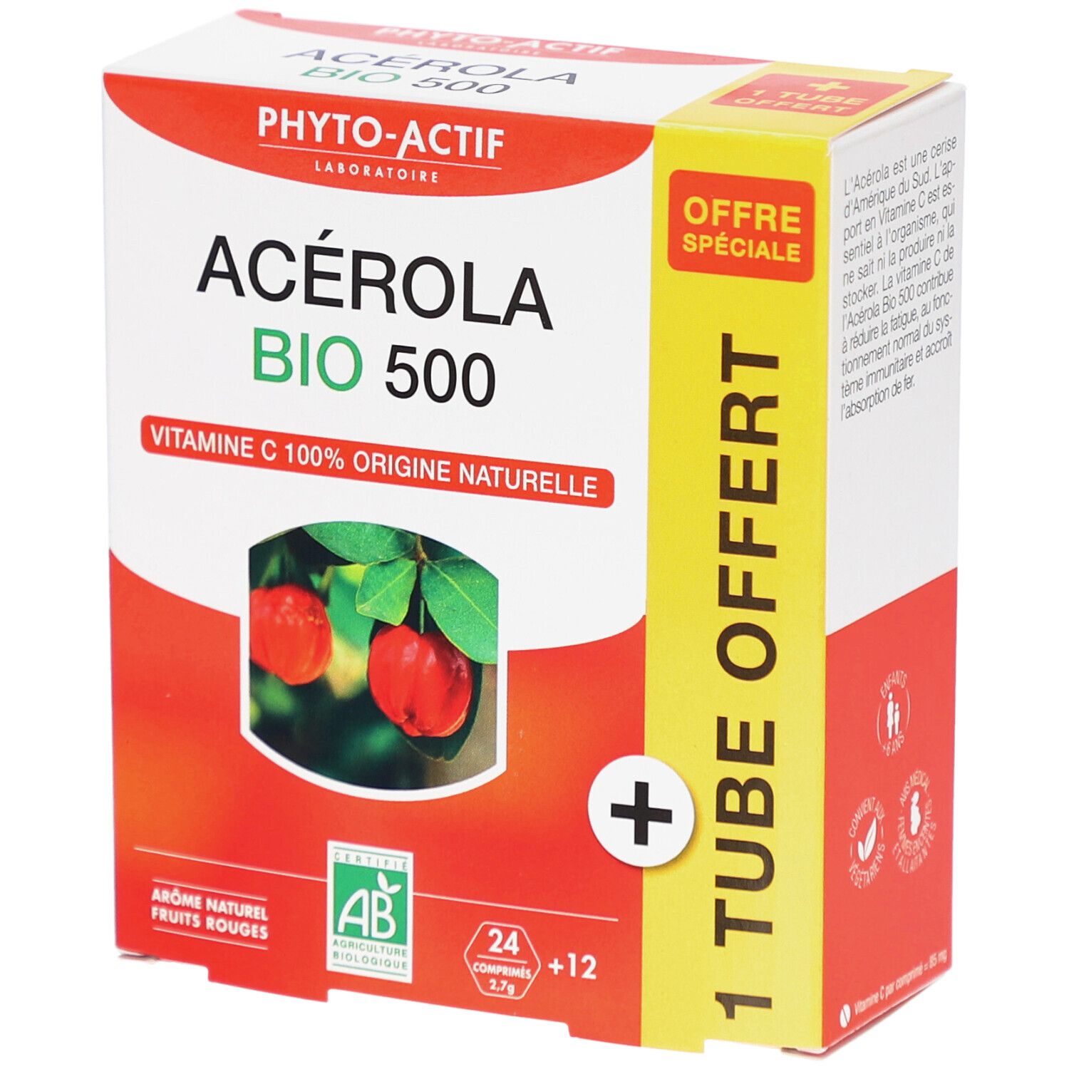 Boîte de Acerola Bio 500. Boîte rouge et blanche avec nom du produit et image de fruits d'acérola. Contient 24+12 comprimés.