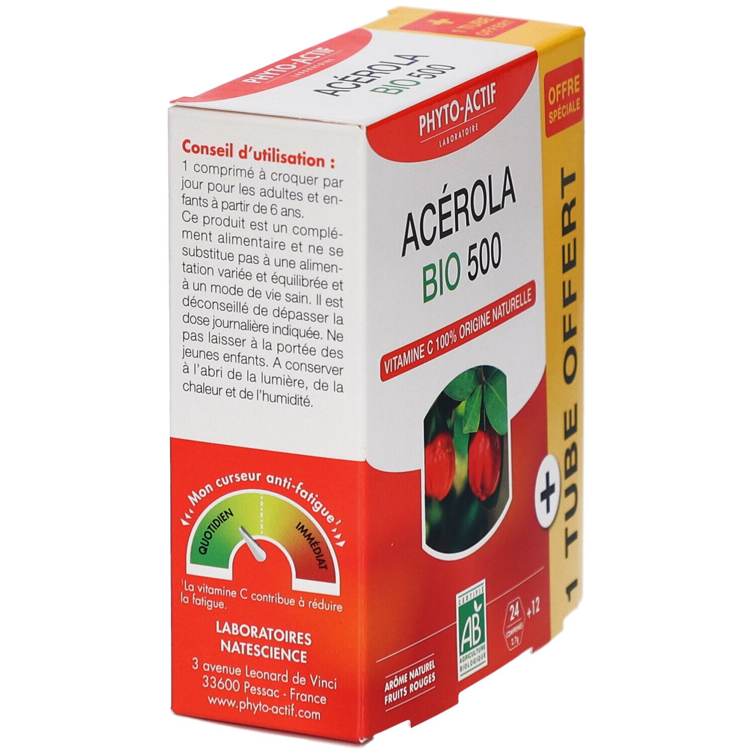 Boîte de Acerola Bio 500. Boîte blanche avec nom du produit, image de fruits d'acérola et texte. Contient 24+12 comprimés.