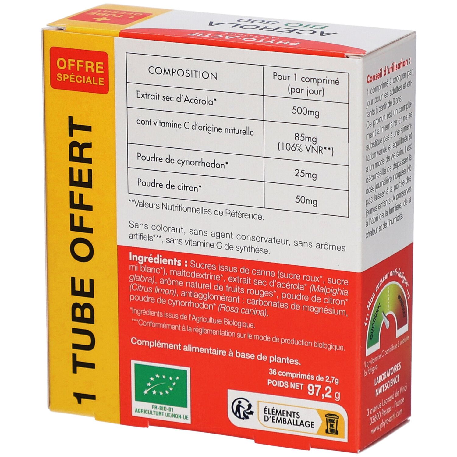 Dos de l'emballage d'Acerola Bio 500. Contient ingrédients, informations nutritionnelles et certifications. Couleurs rouge et blanc.