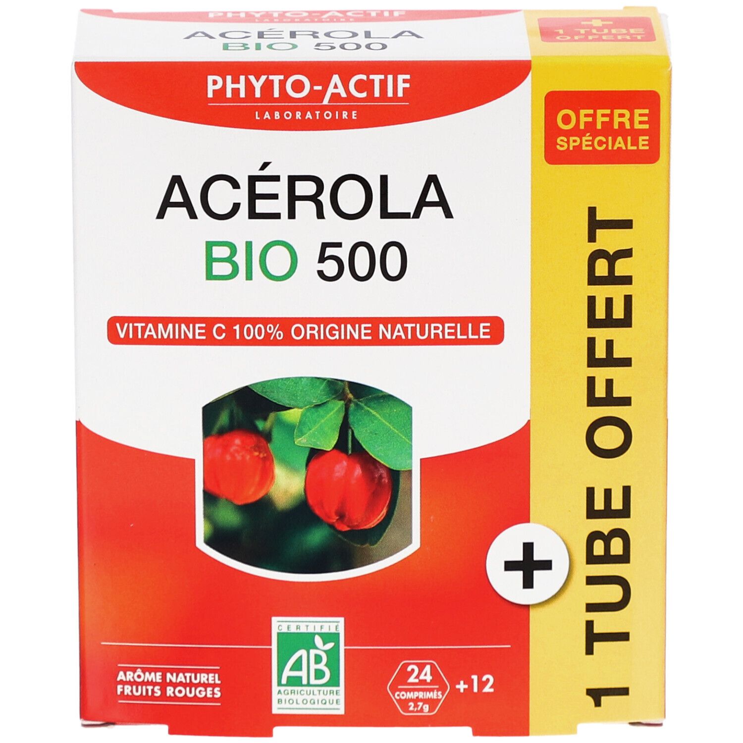 Boîte de Acerola Bio 500. Boîte rouge et blanche avec nom du produit et image de fruits d'acérola. Contient 24+12 comprimés.
