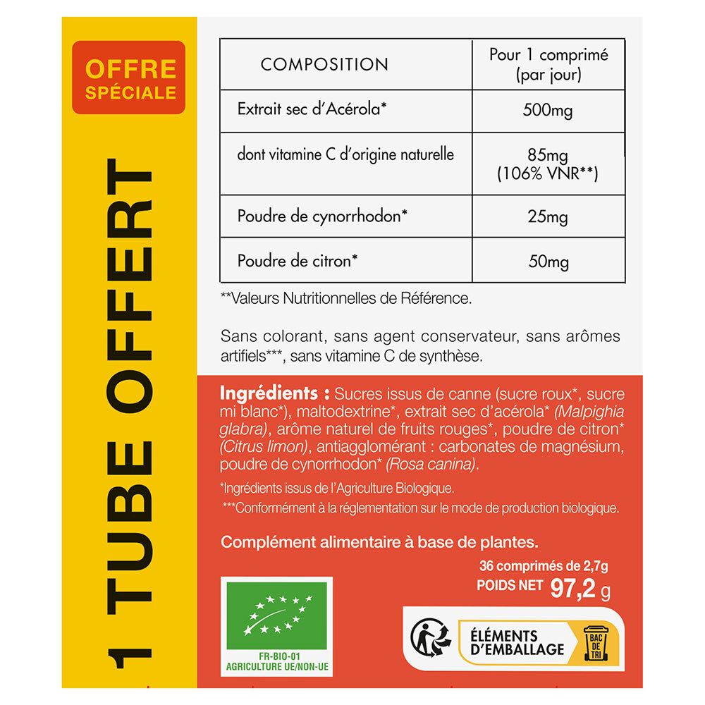 Dos de la boîte avec ingrédients et informations nutritionnelles pour PHYTO-ACTIF Acérola Bio 500. Contient 36 comprimés.