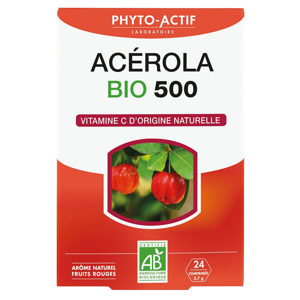 Boîte de compléments alimentaires. Contient Acerola Bio 500, vitamine C. Certification AB et illustration de fruits d'acérola.