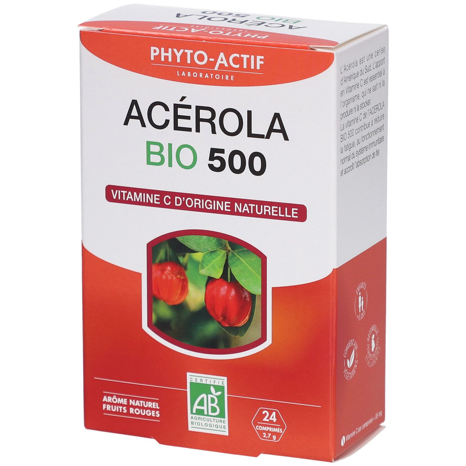 Boîte PHYTO-ACTIF Acérola Bio 500. Emballage rouge et blanc. Label AB Bio. 24 comprimés.