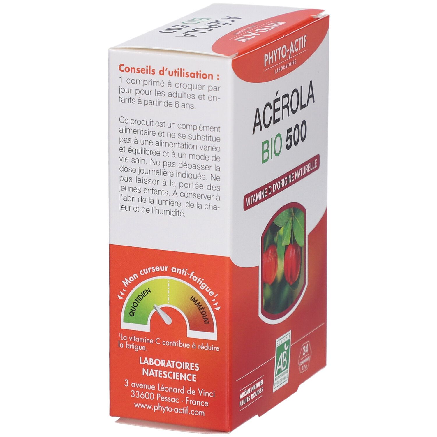 Dos de la boîte PHYTO-ACTIF Acérola Bio 500. Conseils d'utilisation. Label AB Bio. 24 comprimés.