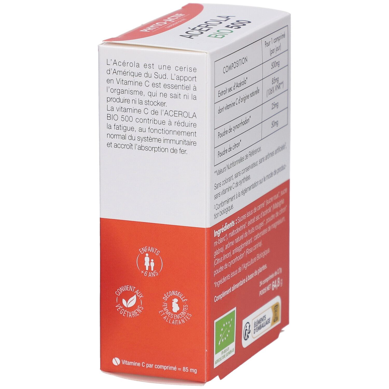 Boîte de complément alimentaire. Texte: Acérola Bio 500. Ingrédients et certifications visibles. Fond blanc et orange.