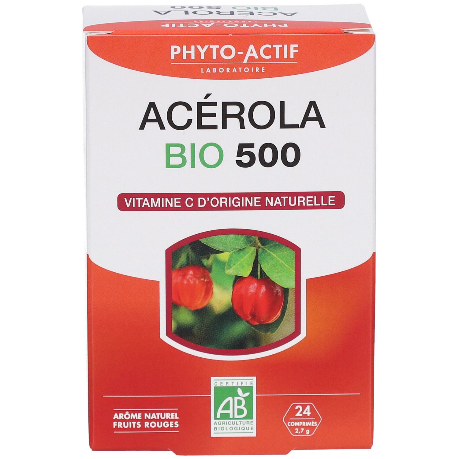 Boîte PHYTO-ACTIF Acérola Bio 500. Emballage rouge et blanc. Label AB Bio. 24 comprimés.