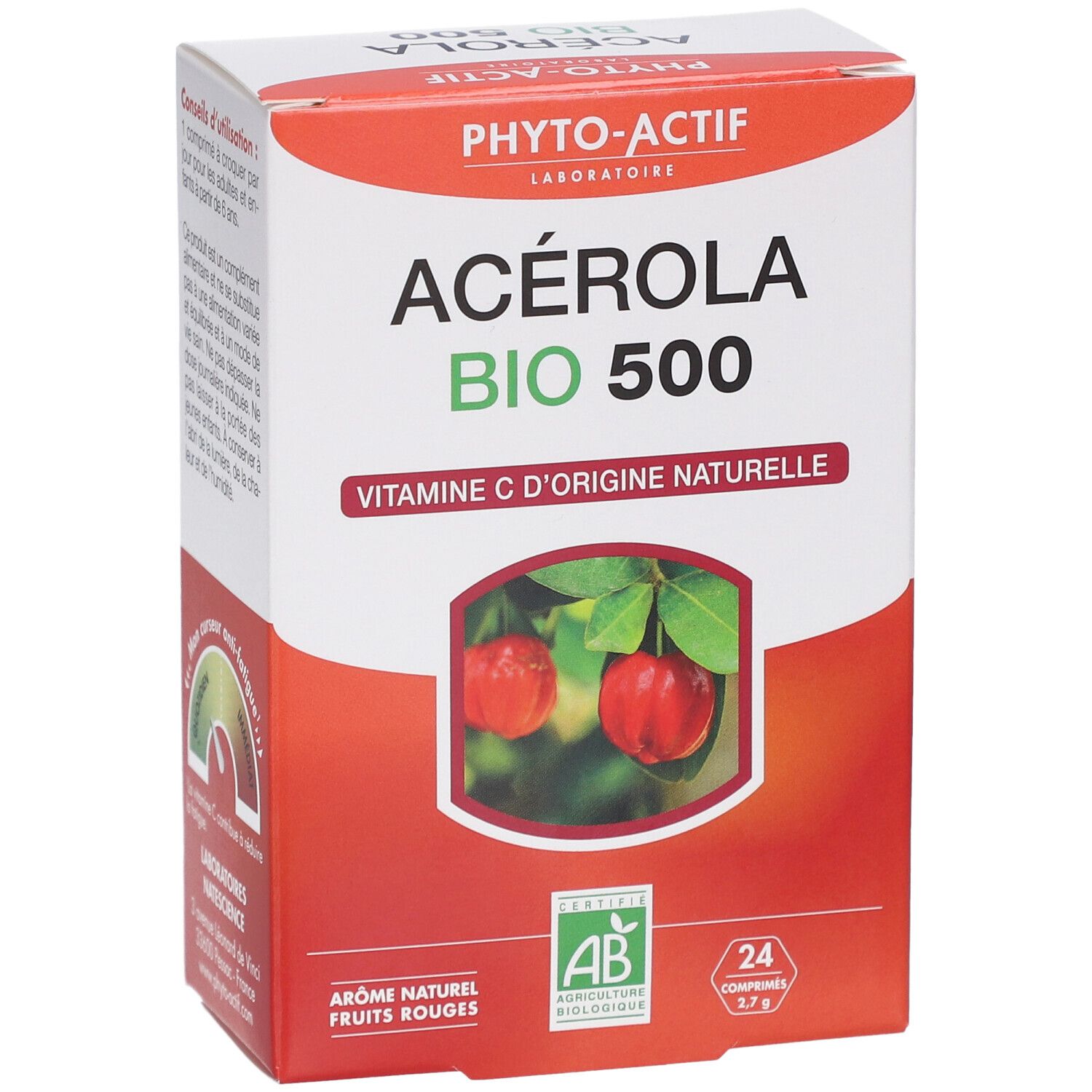 Boîte PHYTO-ACTIF Acérola Bio 500. Emballage rouge et blanc. Label AB Bio. 24 comprimés.
